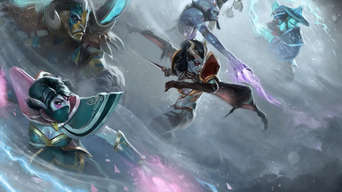 An assortment of Dota 2 heroes jump through the mist preparing to battle, including Templar Assassin, Queen of Pain, Storm Spirit, and more.