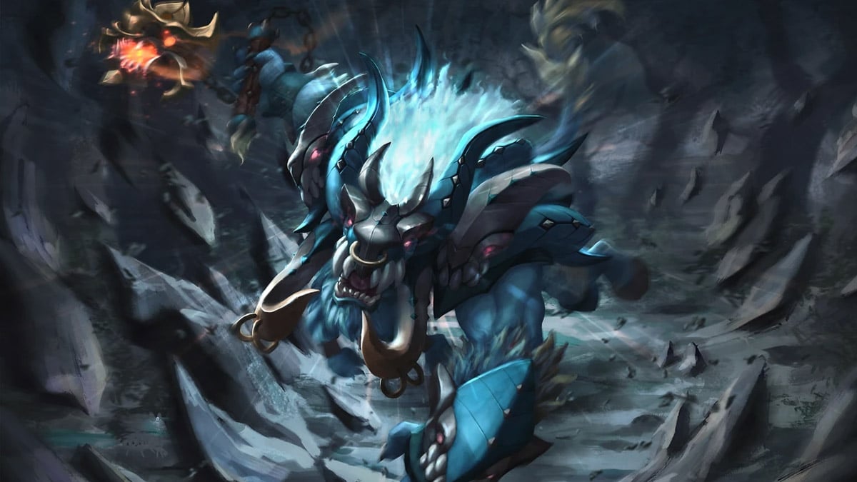 Spirit Breaker, a gigantic blue spirit cow, wields a mace and charges through rocks in Dota 2.