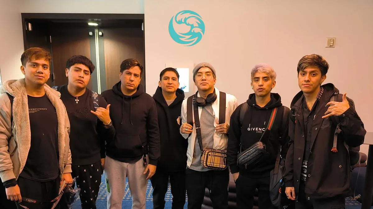 The beastcoast Dota 2 team at TI 2023, standing in the practice room in Seattle.