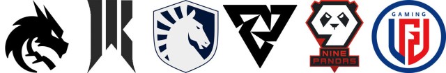 Logos for Team Spirit, Shopify Rebellion, Team Liquid, Tundra Esports, 9Pandas, LGD