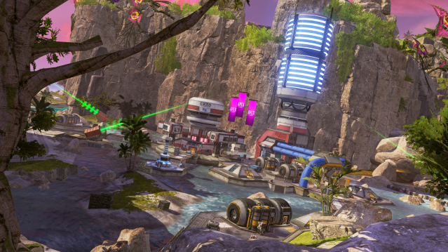 An image of CETO Station on Storm Point in Apex Legends. A large electrical pylon is being powered by a smaller facility with various generators.