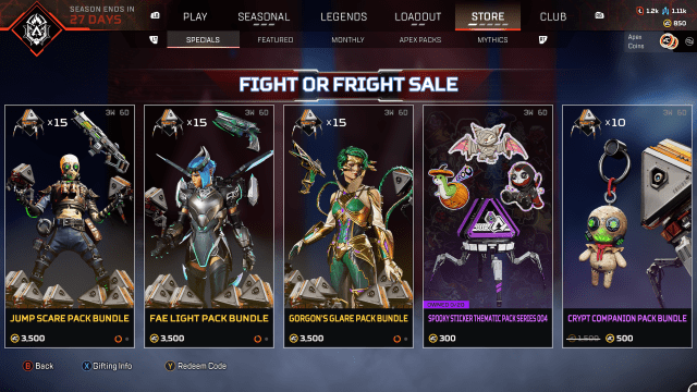 A screenshot from Apex Legends' store menu showing the Fight or Fright Sale. Five options show on the screen. From left to right: Jump Scare Octane, Fae Light Valkyrie, Gorgon's Glare Catalyst, a sticker bundle, and a charm.