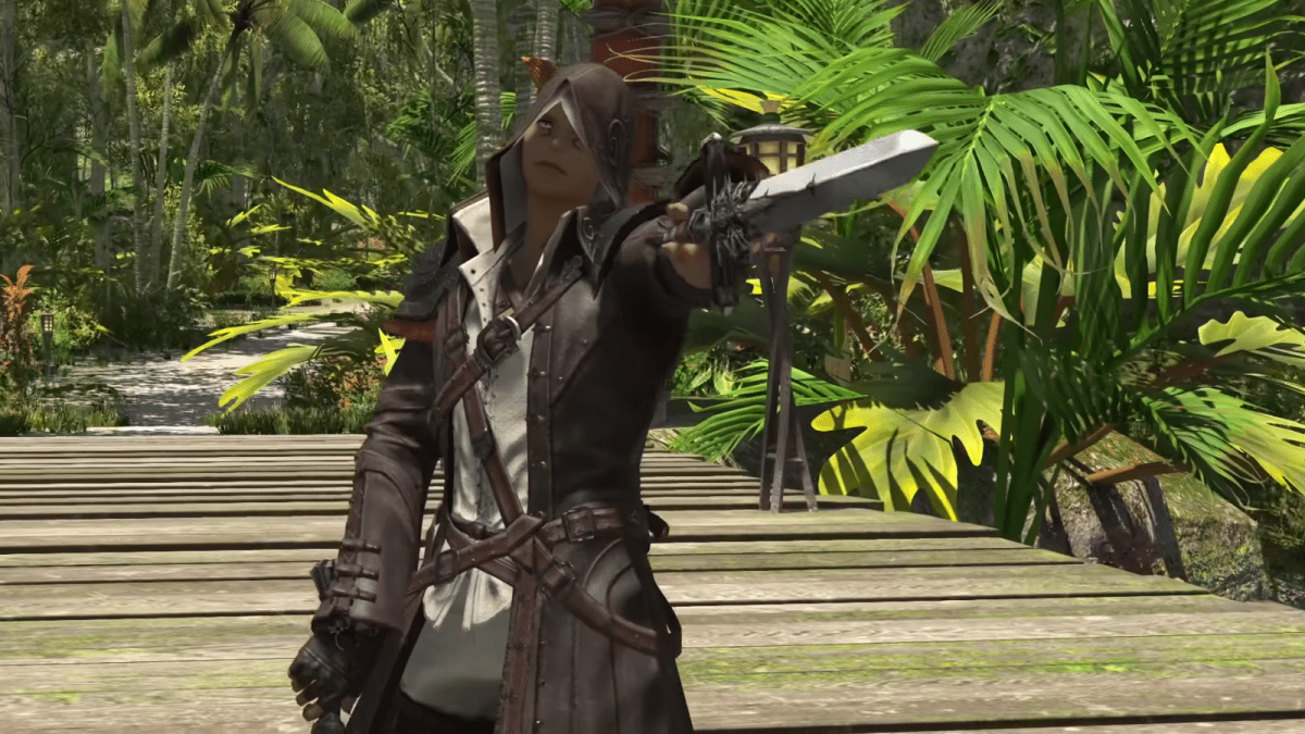 A cat man with two swords and a long, leather jacket points one blade at the viewer on a bridge in a large, vibrant forest in FFXIV.