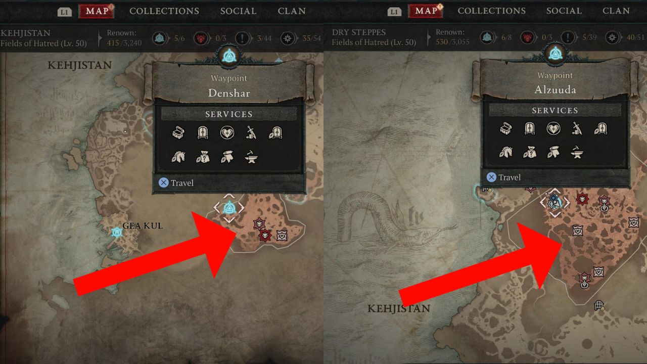 Two arrows pointing to the fields of hatred in diablo 4