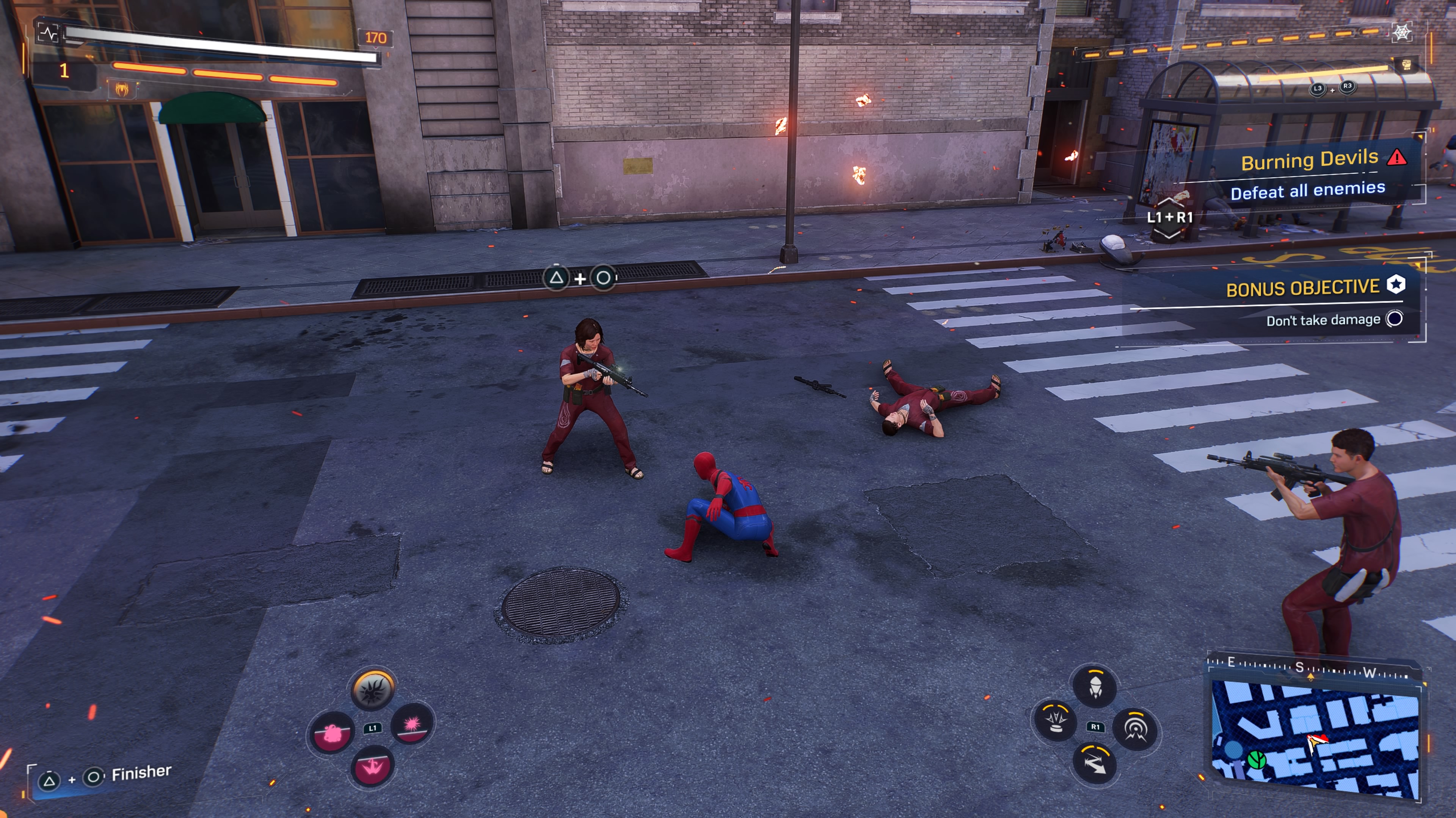 Spider-Man fights Followers of the Flame on a New York street in Spider-Man 2.