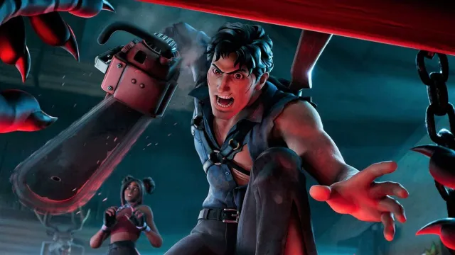 Fortnite's Ash Williams skin rearing his chainsaw arm down at something