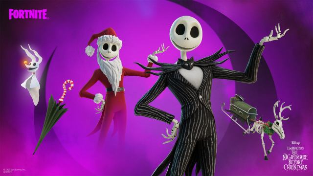 Fortnite's Jack Skellington skin and his back bling, pickaxe, and glider as well as his alternate Christmas skin