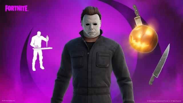 Fortnite's Michael Myers skin with his emote, back bling, pickaxe, and emote.