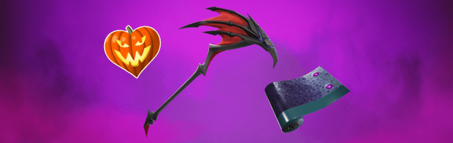 All fornite rewards, a jackolantern, pickaxe, and wrap