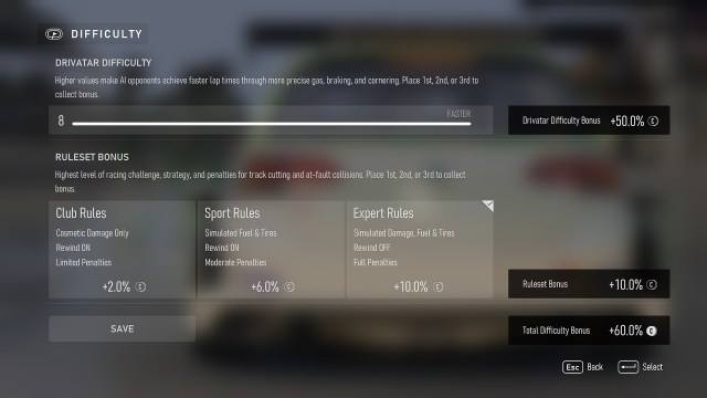 Difficulty menu in Forza Motorsport