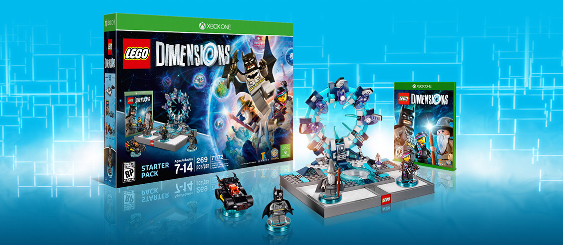 The contents of the LEGO Dimensions starter pack including Batman, the Batmobile, Gandalf, and Wyldstyle.