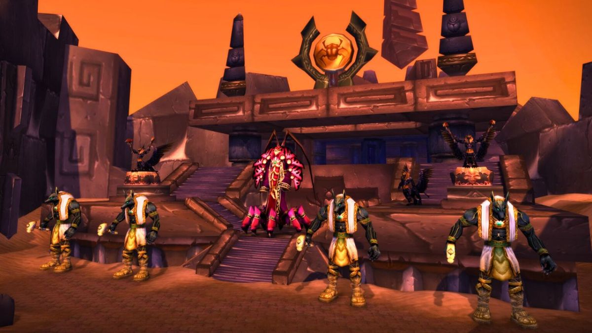 Prophet of Skeram boss and anubis dogs in front of temple in WoW Classic