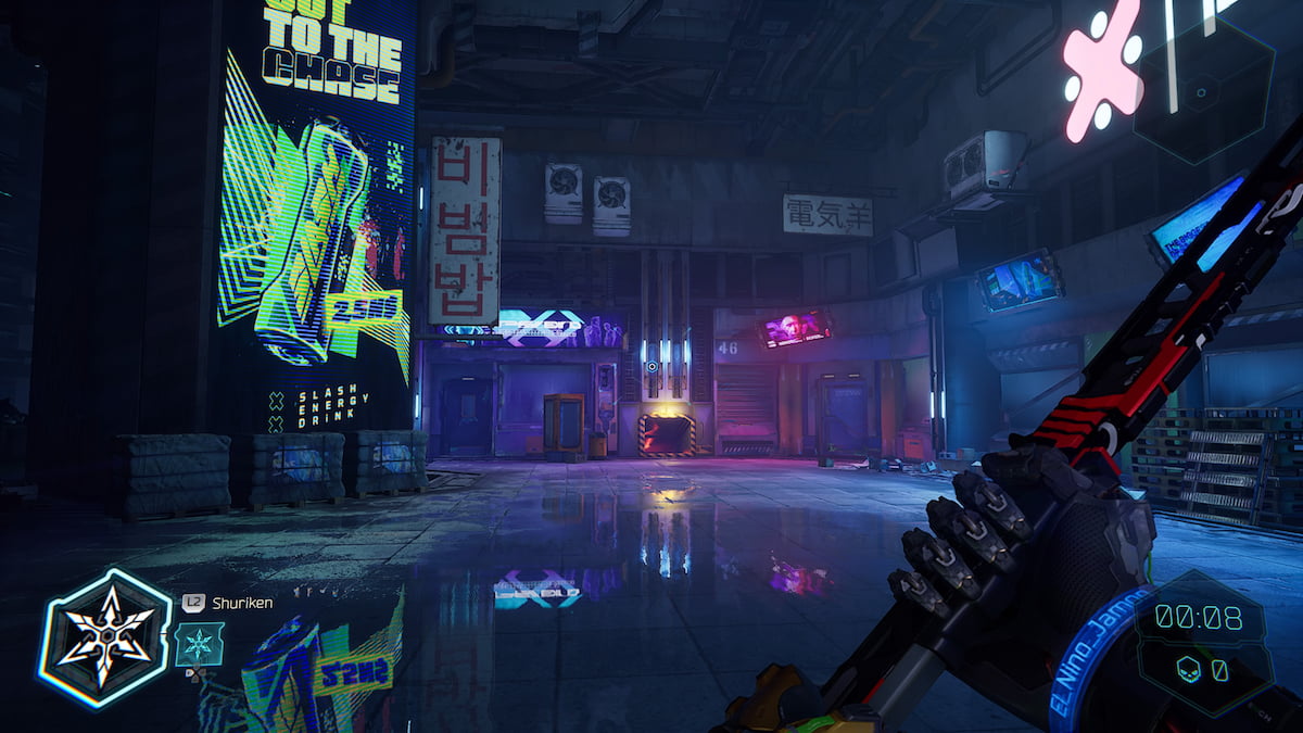 neon signs reflected in puddles in ghostrunner 2