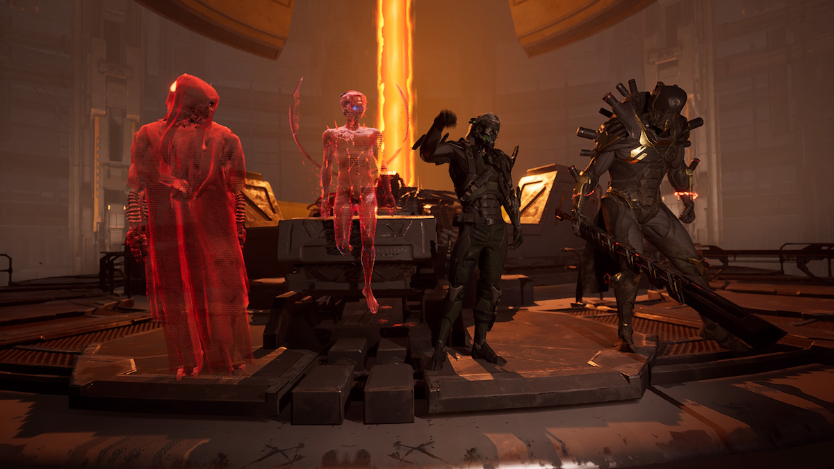 4 cyborgs stand in front of a reactor's energy beam. two are holograms, two are there in person, so to speak