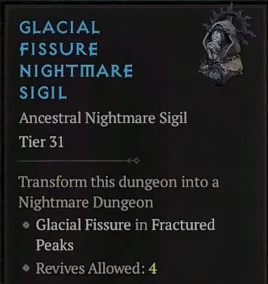 The Glacial Fissure Nightmare Sigil in Diablo 4.