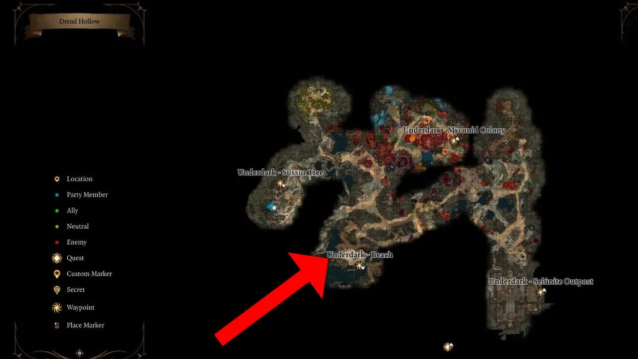 Red arrow pointing to the location of the boat to Grymforge at the Underdark beach in BG3
