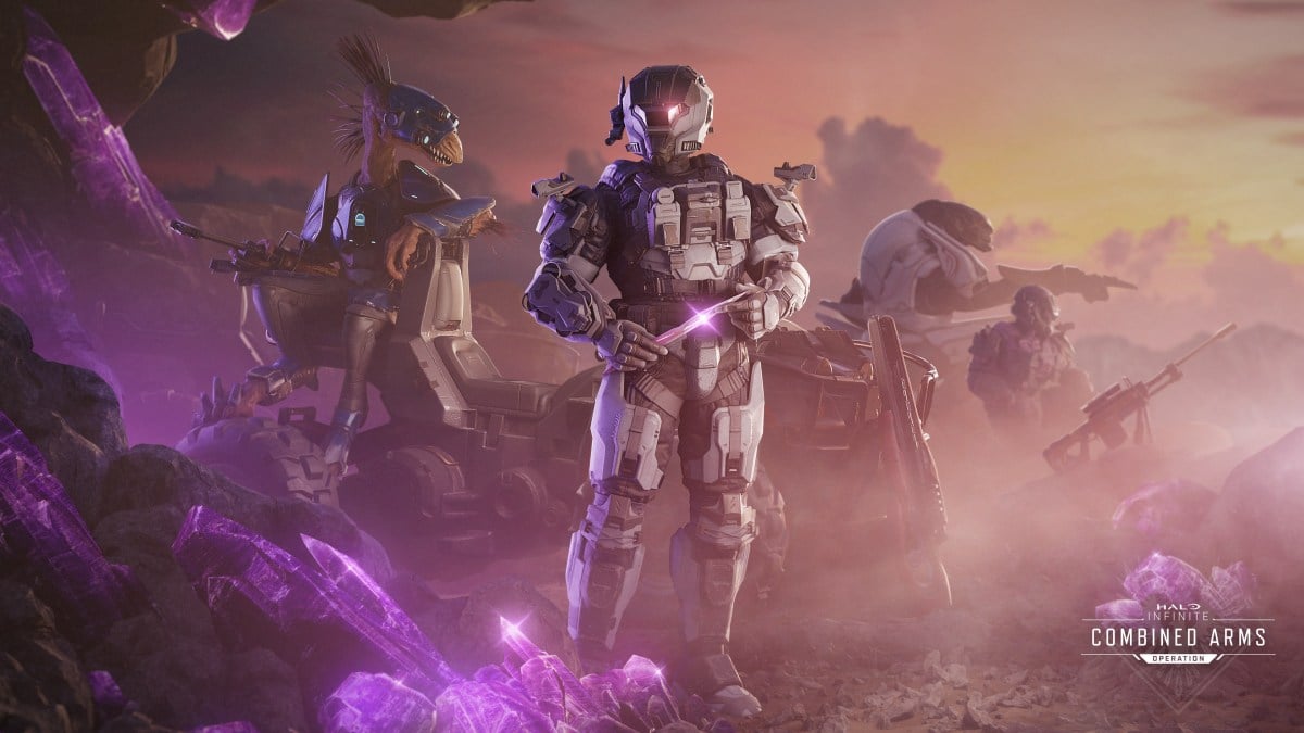 A Spartan holds a pink needler round in his hands, stood in front of a larger pink crystal formation. Behind him, a Jackal, Elite and other Spartan look off toward the horizon.