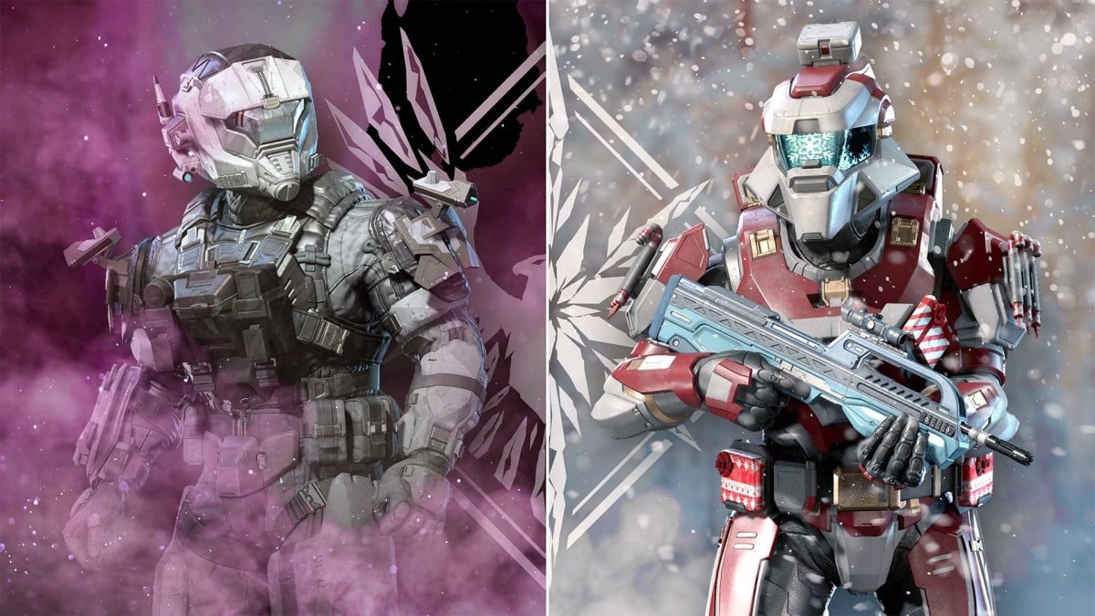 A split-screen graphic showcases two Halo Infinite spartans wearing different event armor. On the left is a Combined Arms Spartan in purple smoke, and on the right is a Spartan wearing Santa Claus-themed winter armor.