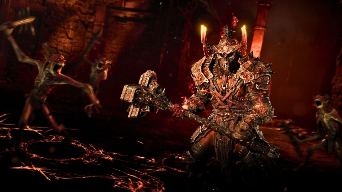 A man wielding a mace wearing skull armor next to a zombie in Diablo 4