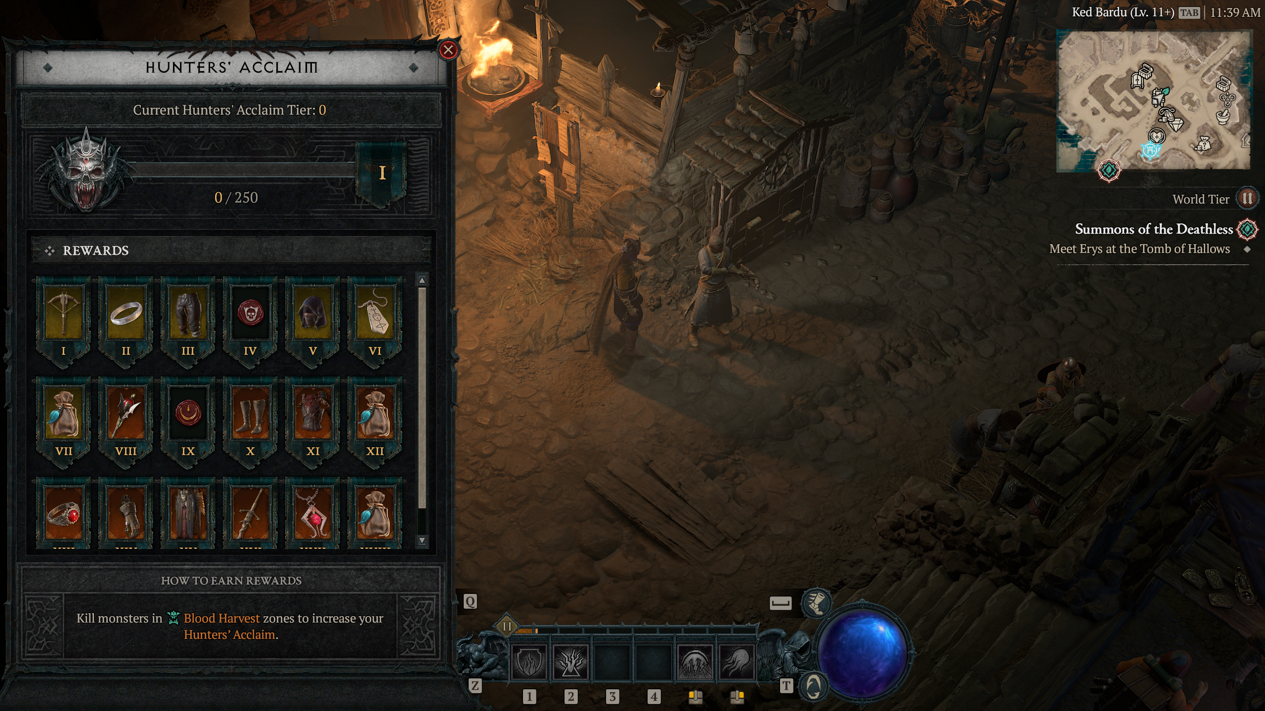 A character in Diablo 4 standing near a board with a window of Hunter's Acclaim rewards.