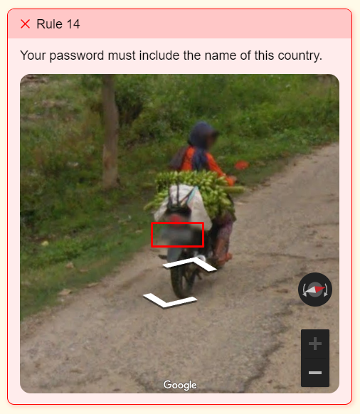 A screenshot of The Password Game's Rule 14, with a man riding a motorbike. A red box highlights a blurred license plate.