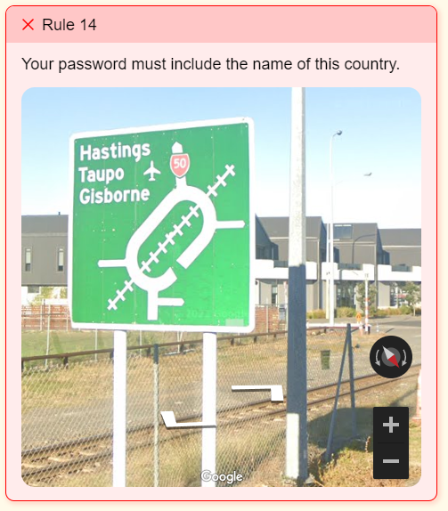 A screenshot of The Password Game's Rule 14, with a street sign listing local towns in New Zealand.