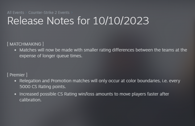 A screenshot of Valve's Oct. 10 update notes for Counter-Strike 2.