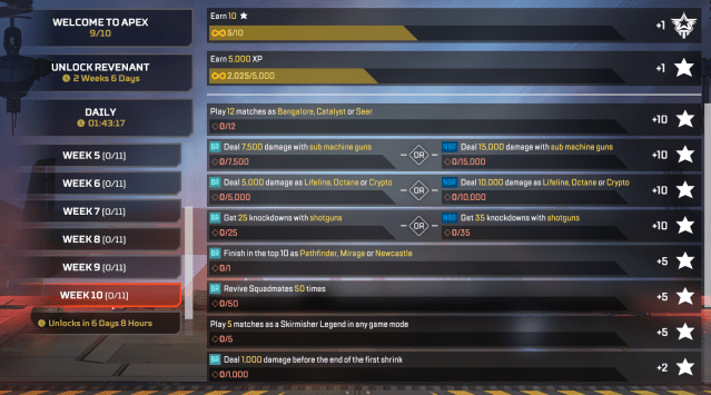 Challenge menu in Apex Legends showing missions to complete for stars.