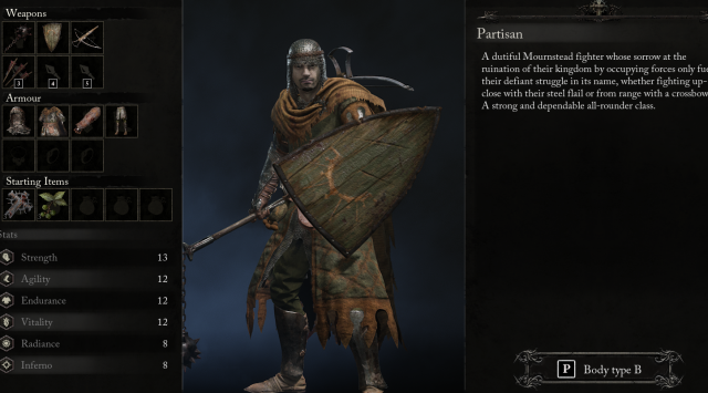Class menu showing a character wielding a flail and shield.