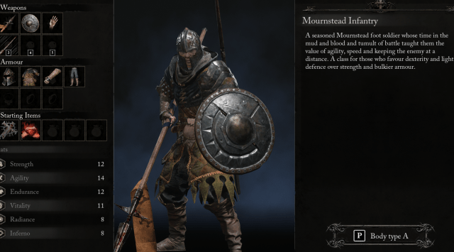 Class menu showing a character wielding a spear and shield.