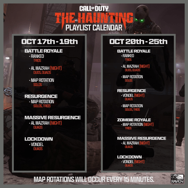 Warzone Zombie Royale playlist calendar showing the dates players can play the LTM