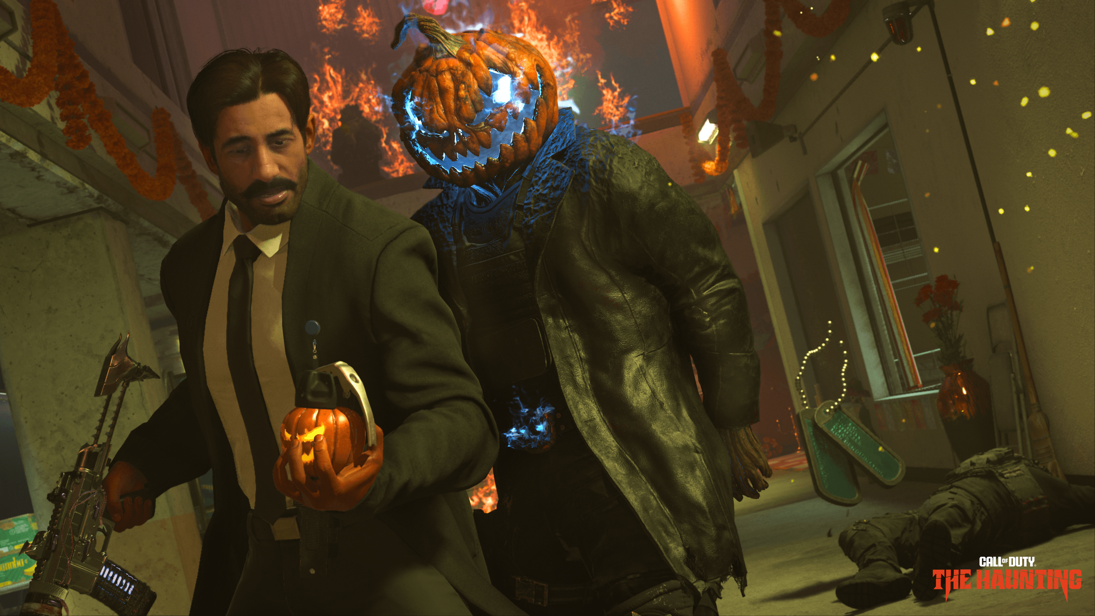 A man holds a pumpkin bomb as a creepy pumpkin man leers behind him in MW2.