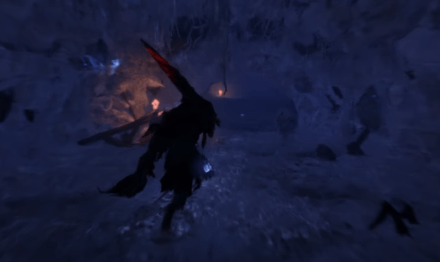 Main character running through a cave in the Umbral realm.