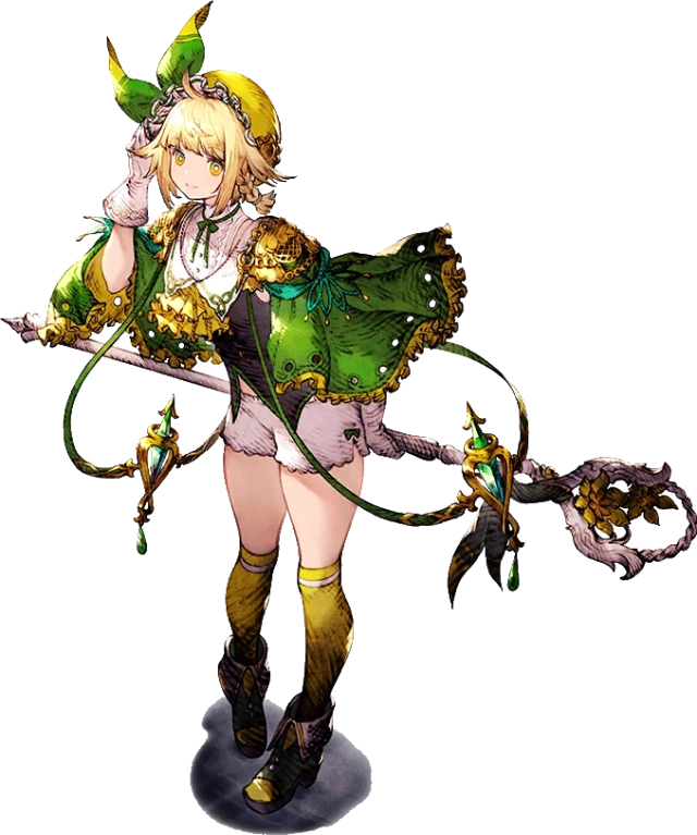 Blonde girl wielding a mage staff and green gear.