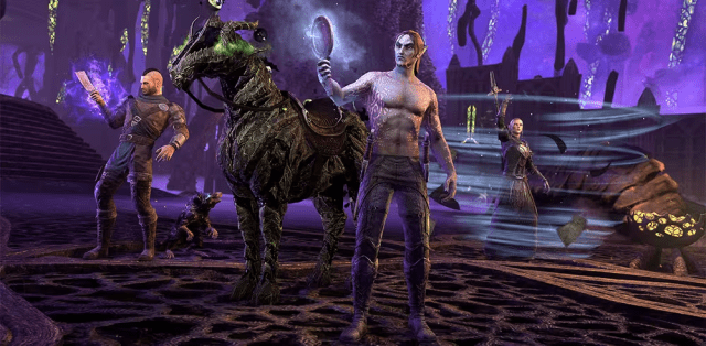 Three Elder Scrolls Online characters interacting with items.