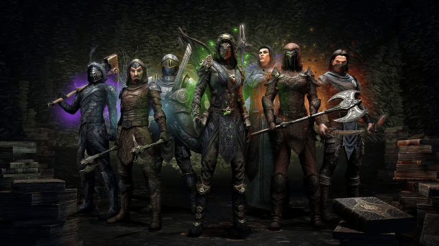 Seven ESO characters stand side by side wearing different class armor ranging from plated armor to leather suits.