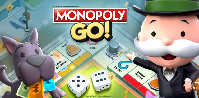 Monopoly Go cover with the Monopoly man with a dog abd the game board in the background.