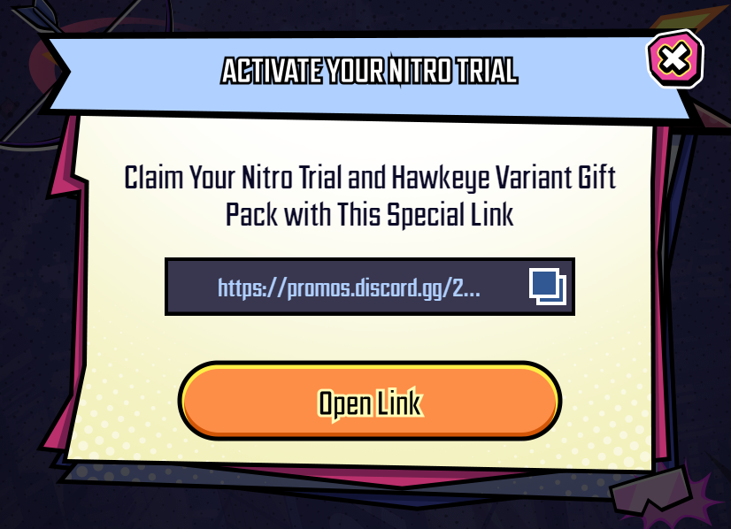 A screenshot of the Discord Nitro "claim reward" page for the Hawkeye variant in Marvel Snap.