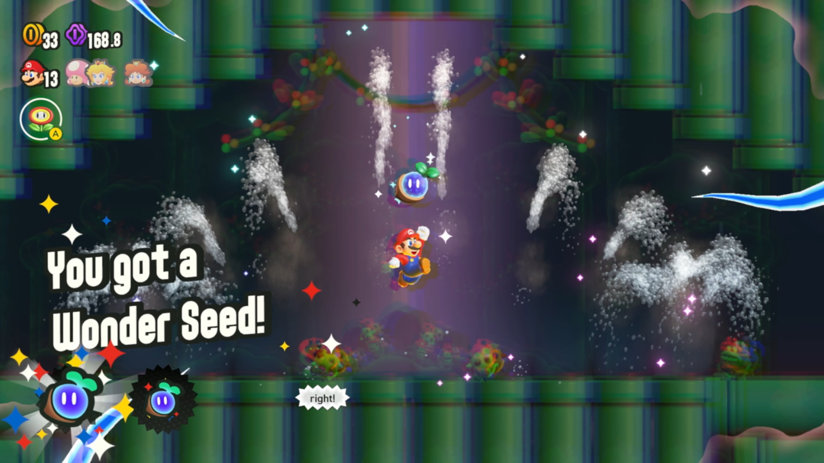Mario collects a Wonder Seed, jumping into the air and causing confetti to go off.