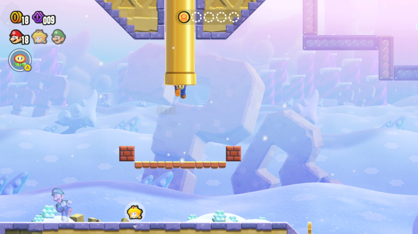 Mario jumps into an overhead pipe in Super Mario Wonder.