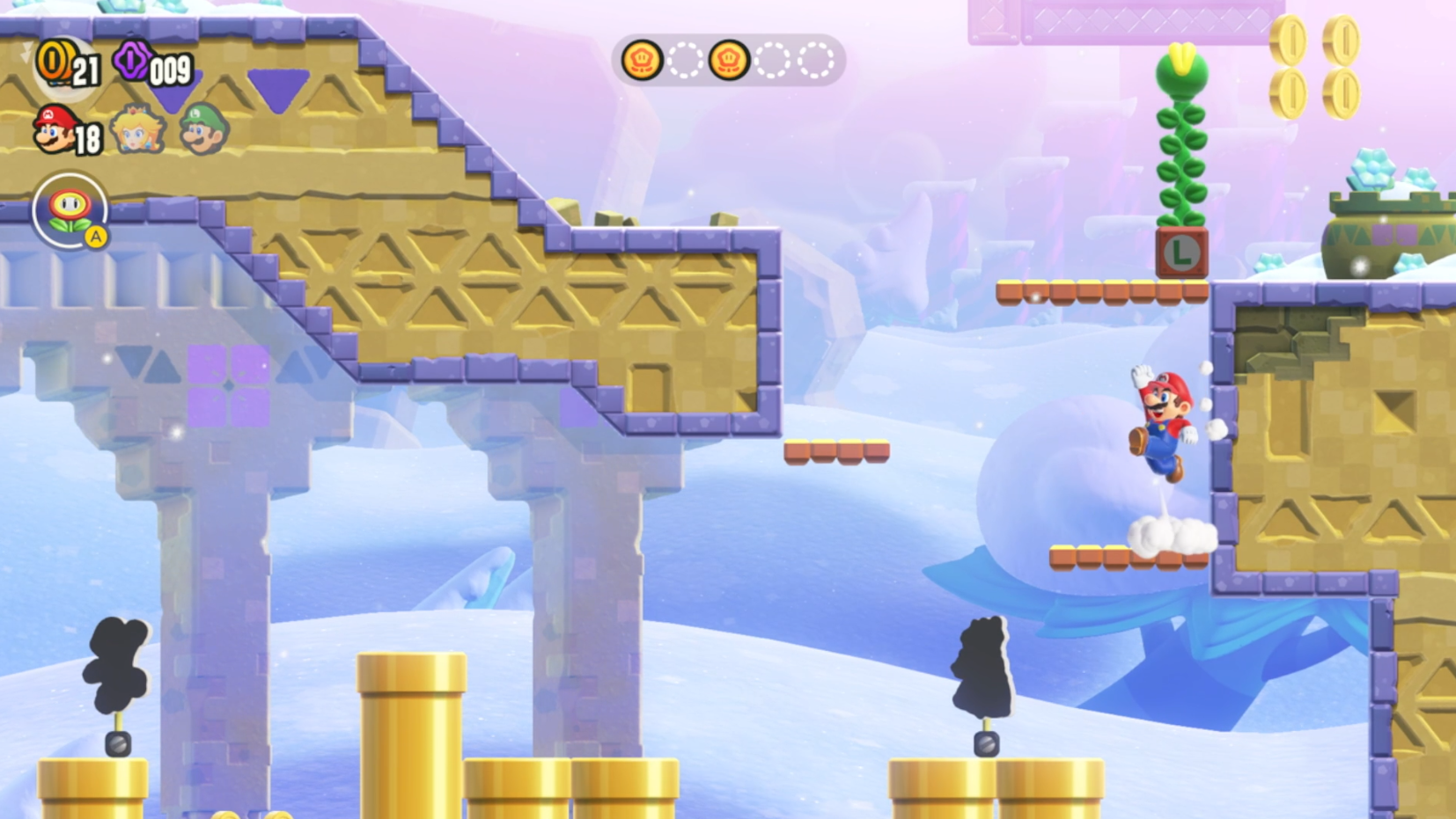 Mario jumps on a platform in Super Mario Wonder.