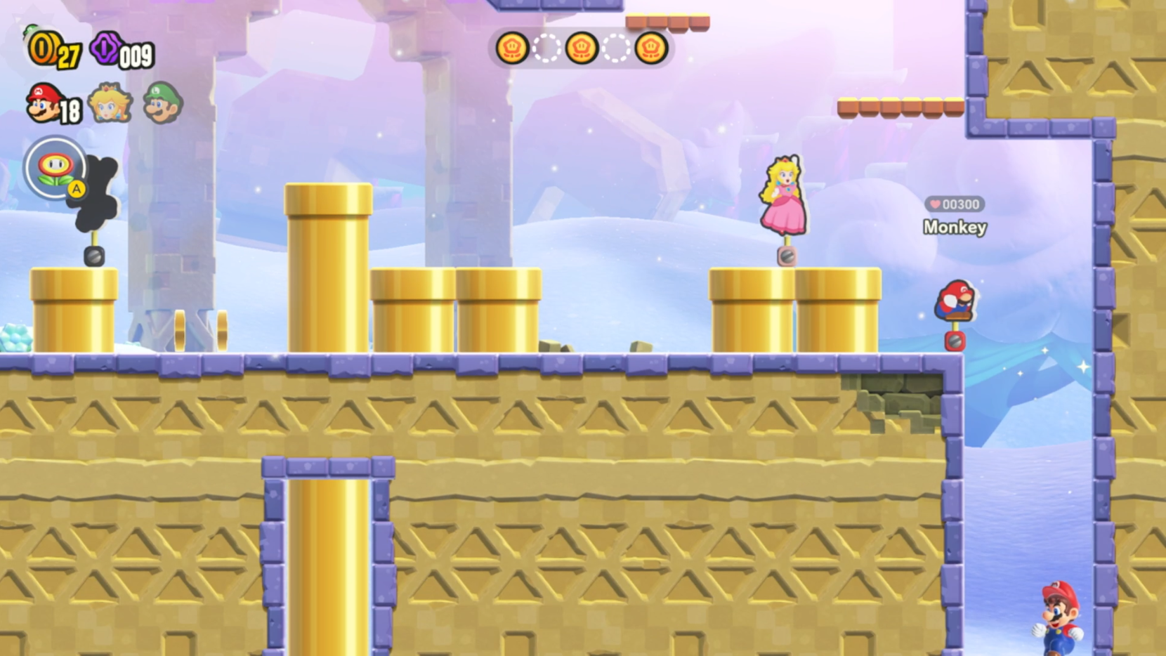 Mario falls down a chute in Super Mario Wonder.