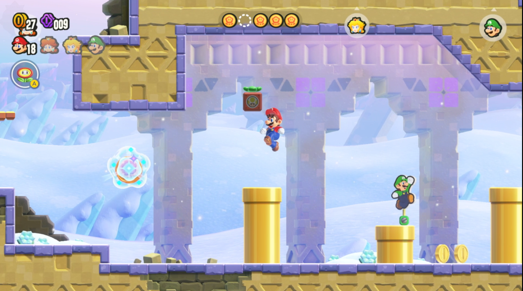 Mario jumps from a pipe up to a hidden block in Super Mario Wonder.