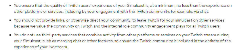 A screenshot of Twitch's rules about simulcast streaming on multiple platforms.