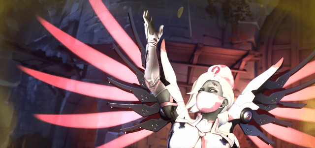 Mercy's new Halloween-themed skin in Season 7 of Overwatch 2. She is dressed like a zombie nurse with pink wings.