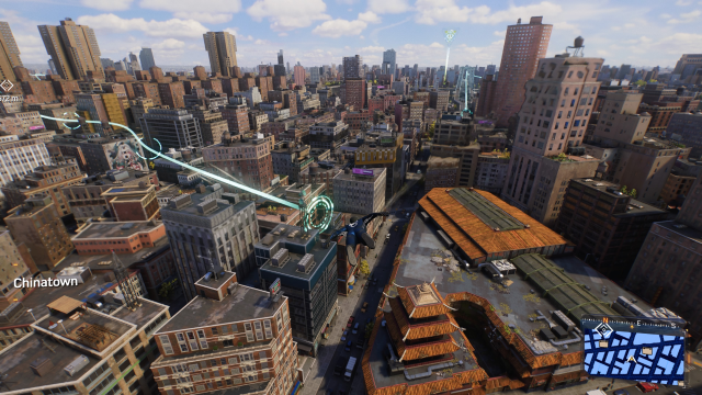 A screenshot of Spider-Man gliding through the skies of NYC.