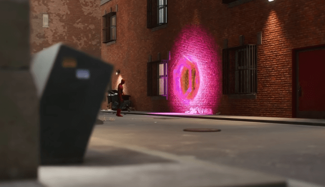 A screenshot of Spider-Man looking into a trippy portal in a brick wall of a random building.