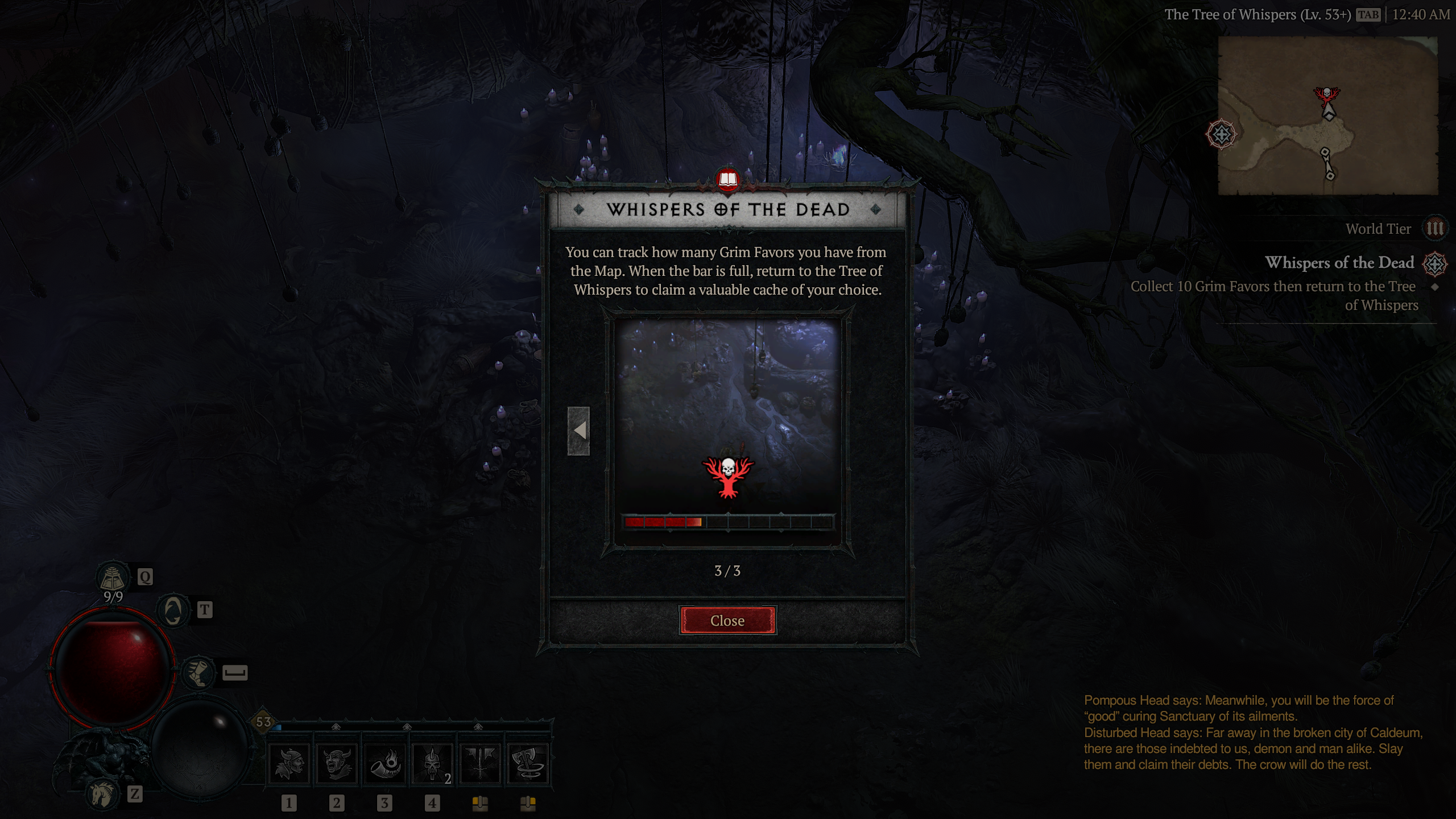 The Whispers of the Dead explanation screen in Diablo 4