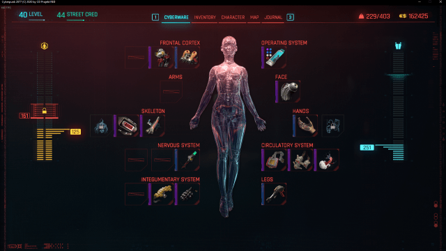 Cyberware selection screen from Cyberpunk 2077. 