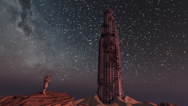 Starfield player looking from a distance at the US Bank Towe building ruins on Earth.